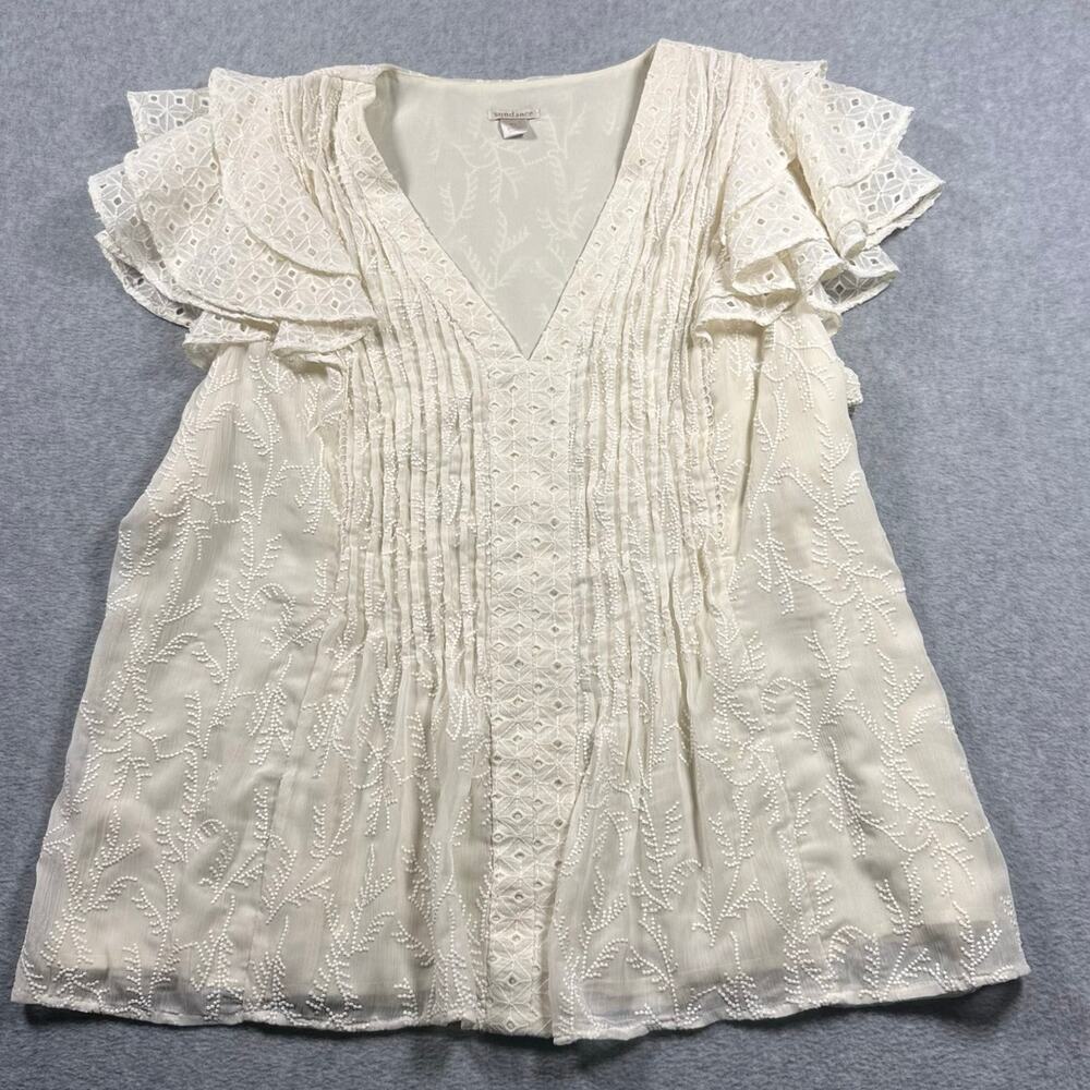 Sundance Embroidered Ruffle V Neck Blouse Ivory XL